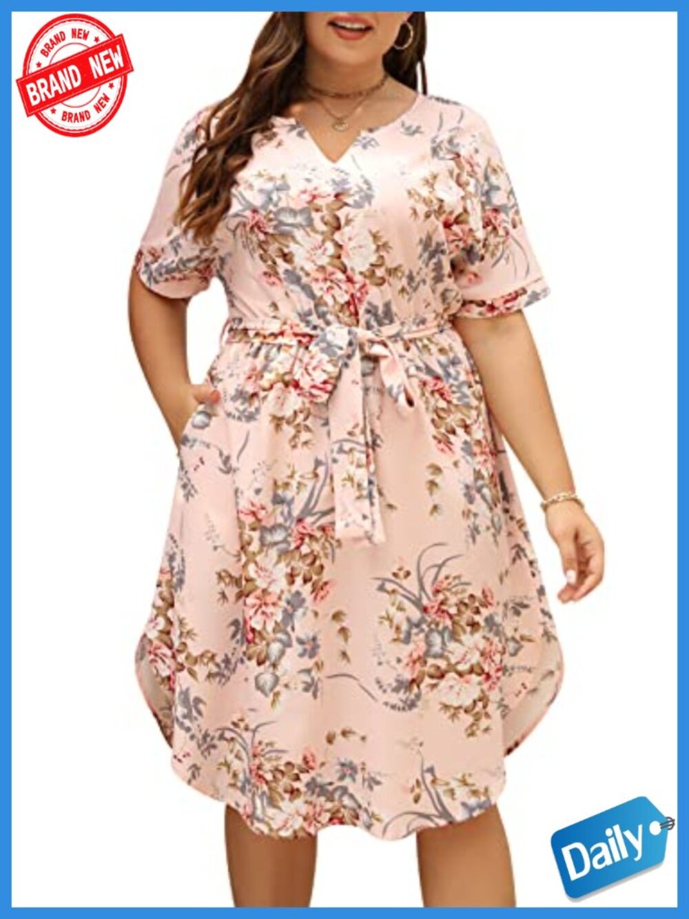Plus Size Midi Swing Dress V-Neck Short Sleeve Pockets Casual